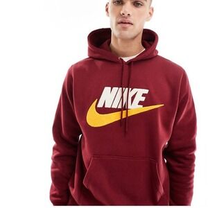 Nike Club Fleece Pullover Hoodie Red Yellow Logo Pockets Men's Medium